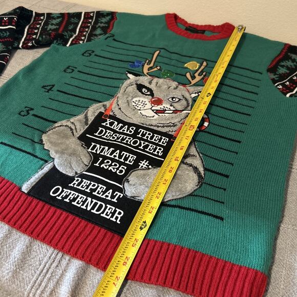 Blizzard Bay Christmas Sweater Cat Mugshot Size L Funny Ugly Xmas Tree Destroyer - Picture 7 of 10